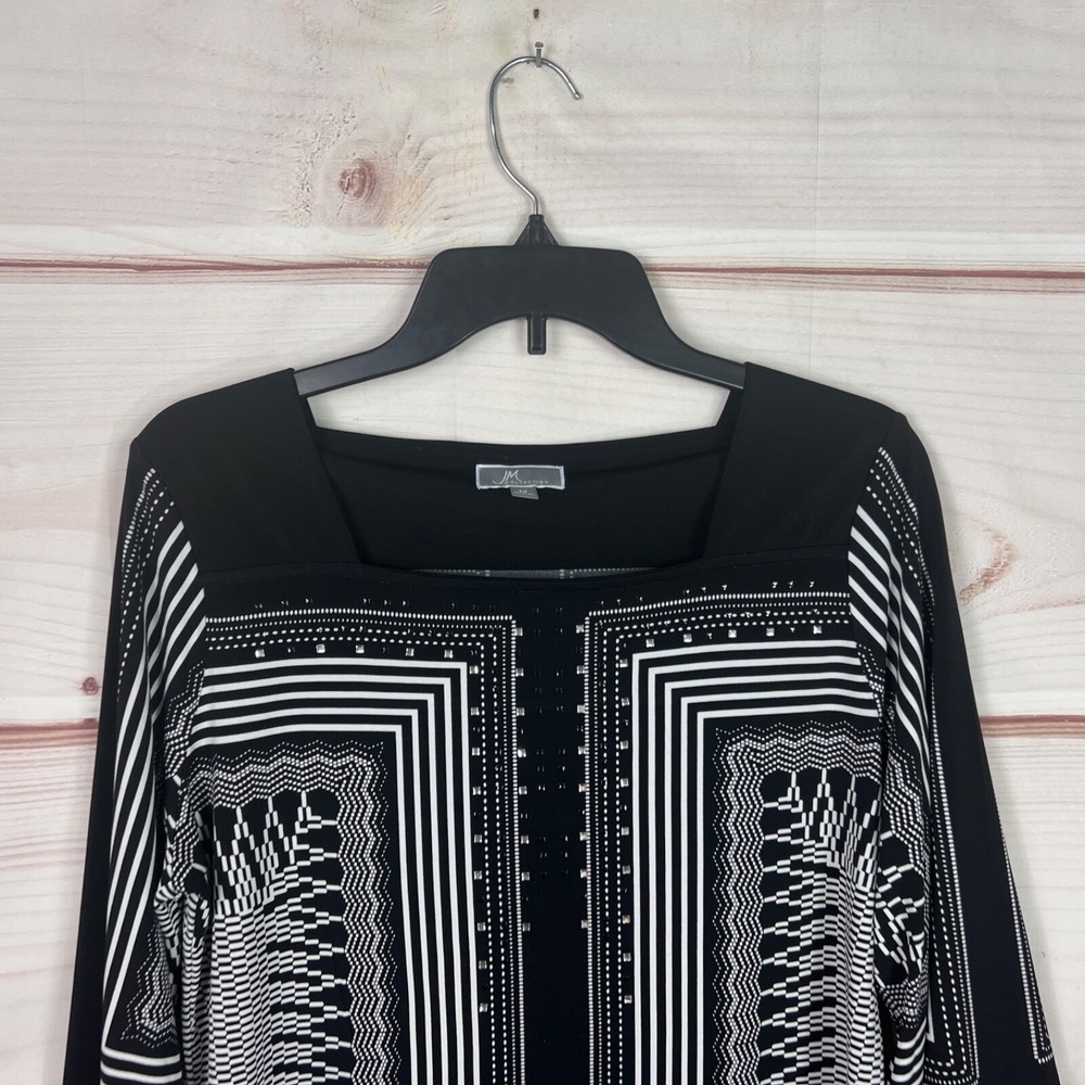 JM Collection Top Womens M Black 3/4‎ Sleeve Blouse Geometric Rhinestones Knit - Picture 2 of 8